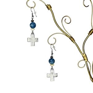 Sterling Silver Cross Earrings with Denim Blue Beaded Accent